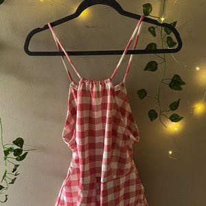 pink and white flared romper dress